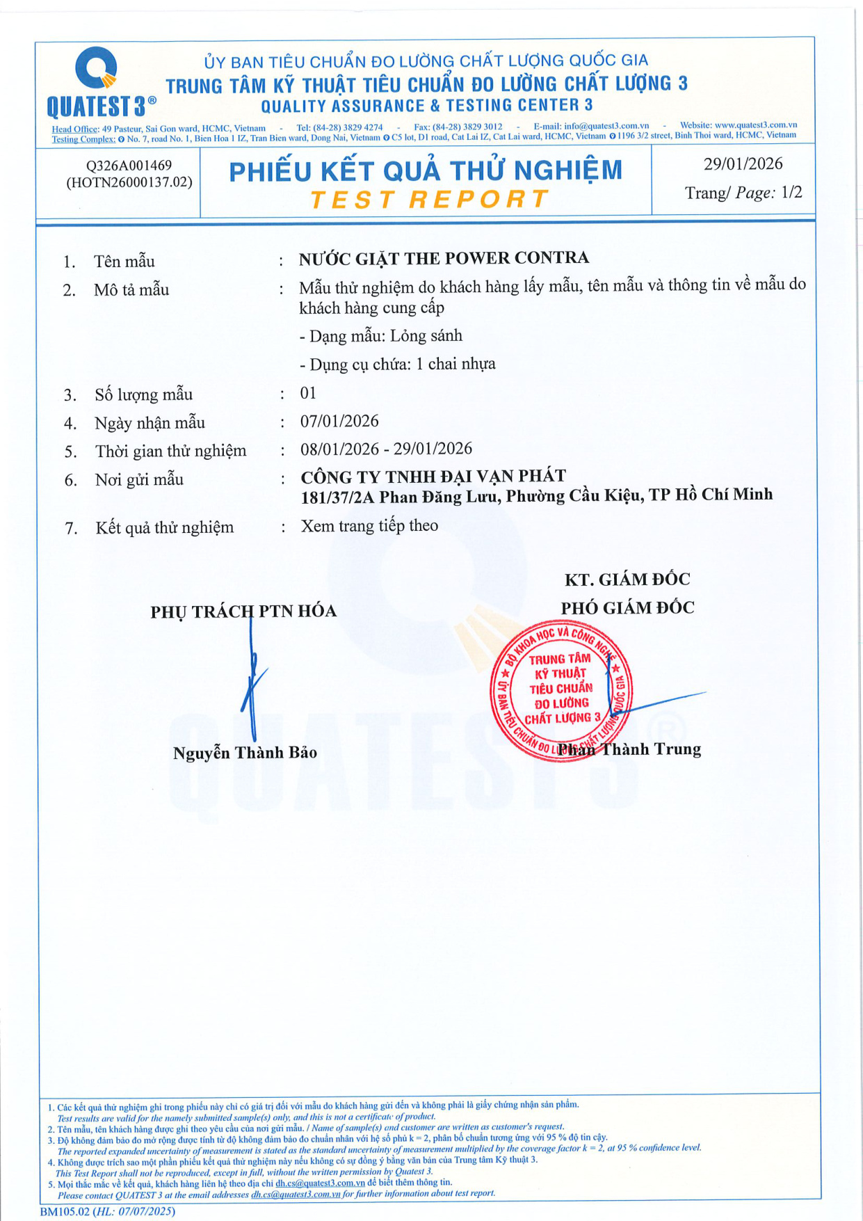 Phiếu kiểm nghiệm QUATEST 3 — Nước giặt The Power Contra